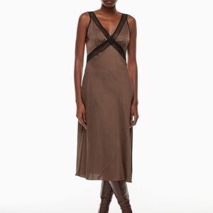 Wilfred Brown Midi Slip Dress with Black Lace Trim